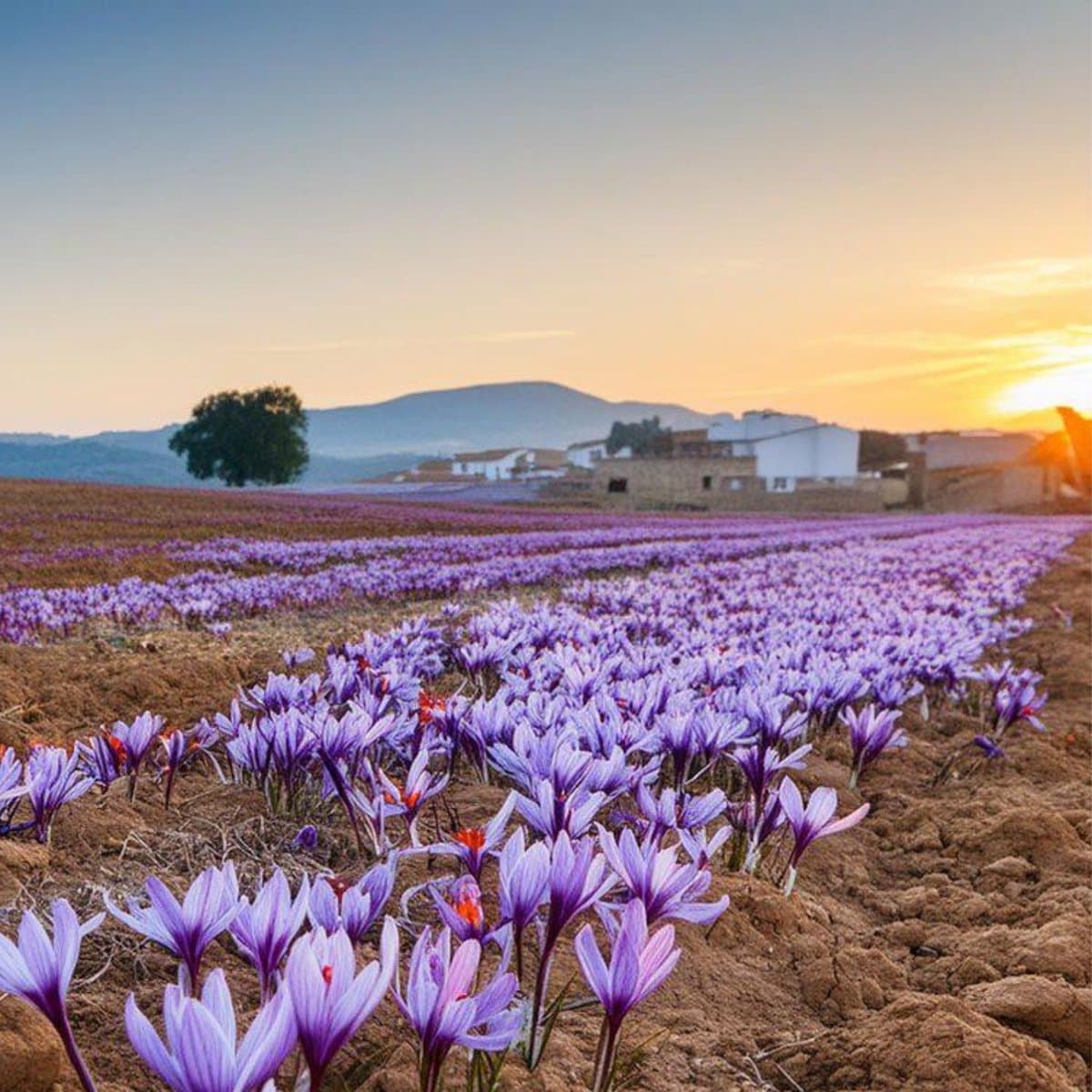 Saffron crocus fields at sunset in La Mancha, Spain, rows of purple crocus flowers stretching toward a village on the horizon
